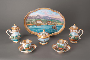 色絵金彩「バラトンフュレド風景」図コーヒーセット 1860年代 ブダペスト国立工芸美術館
